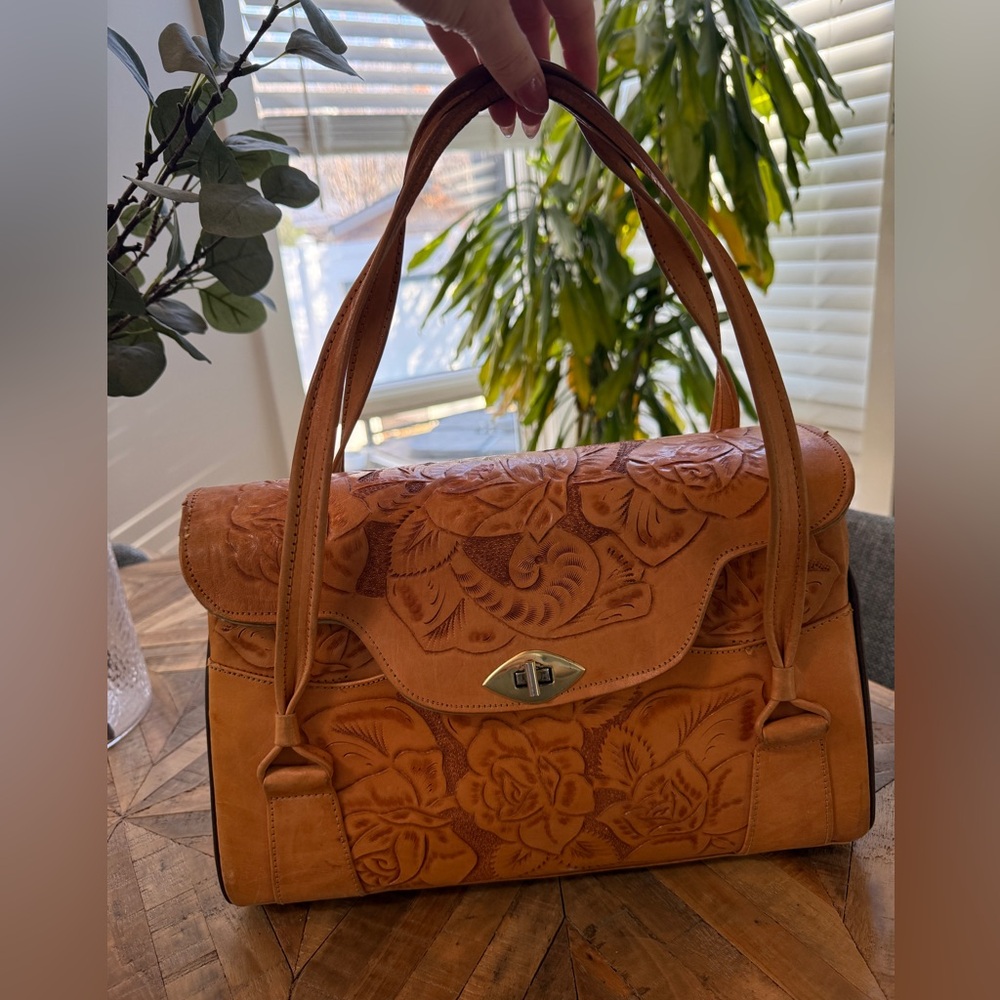 Tan Tooled Leather Shoulder Bag